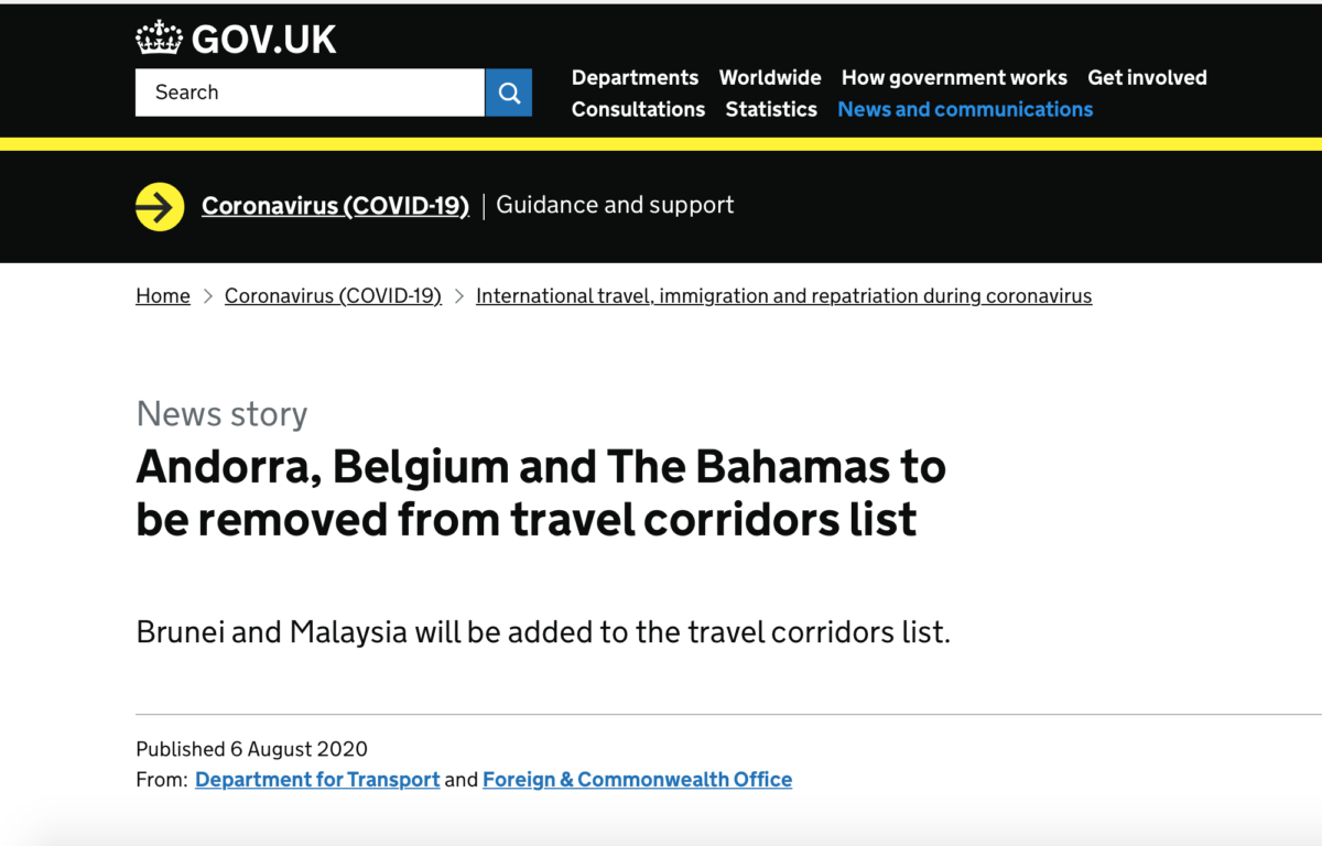 8月8日（土）以降、ベルギー、バハマ諸島は２週間の自主隔離免除国から除外。マレーシアは免除。